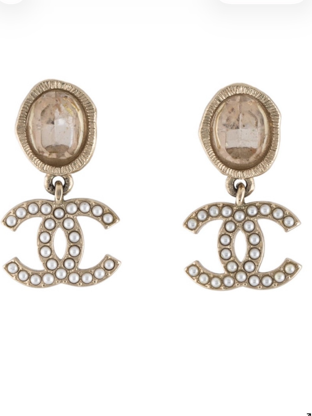 CHANEL Gold-Tone Faux Pearl CC Drop Earrings with Champagne Stones